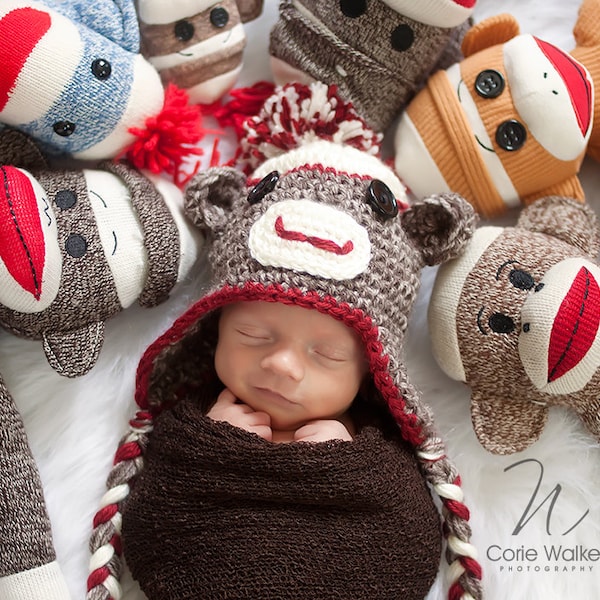 Sock Monkey Hat and Diaper Cover,  Newborn to Toddler, Brown with Red Trim, Photo Prop, Halloween Costume for Baby, Baby Animals, Monkey Hat