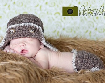 Aviator Earflap Hat and Diaper Cover, Newborn Photo Prop, Halloween Costume for Baby, Little Flyer, Occupational Hats for Baby, Nursery