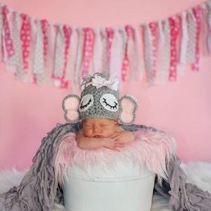 Gray Elephant Hat with Sleepy Eyes, Baby Pacoderm, Halloween Costumes, Newborn Photo Prop, Baby Girl, Baby Boy, Crochet Elephant Hat