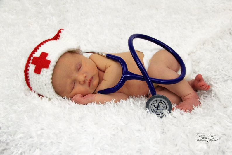 White Nurses Hat with Red Cross in Front, Medical Profession, CRNA, First Aid Sets, Newborn Photo Prop, Halloween Costume for Baby, Nurse image 2