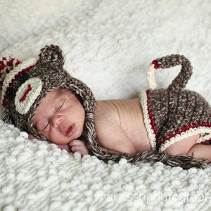 Sock Monkey Hat and Diaper Cover, Halloween Costume,Newborn Photo Prop, Monkey Hat, Brown Acrylic Yarn with Red Accent, Baby Accessories image 3