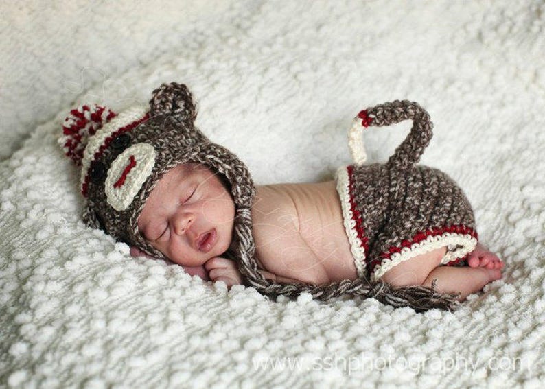 Sock Monkey Hat and Diaper Cover, Halloween Costume,Newborn Photo Prop, Monkey Hat, Brown Acrylic Yarn with Red Accent, Baby Accessories image 3