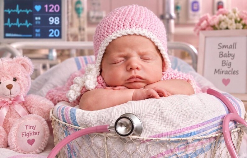 May include: A sleeping infant wearing a pink crocheted hat with white trim, resting in a basket lined with a pink and blue striped blanket. A pink teddy bear with a Tiny Fighter tag and a pink stethoscope are placed near the infant.