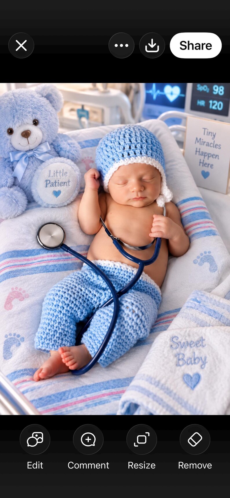 May include: A newborn wearing a light blue crocheted hat and pants, lying on a white blanket with blue and pink stripes. A blue stethoscope rests on the infant. A light blue teddy bear with a Little Patient tag and a sign reading Tiny Miracles Happen Here are visible.