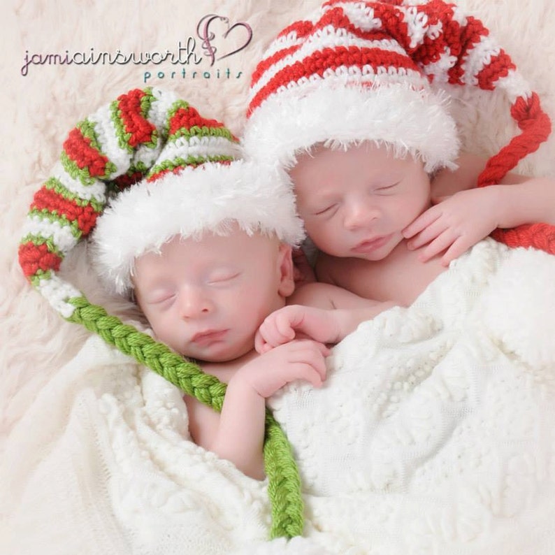 Twins Baby Boy Crochet Holiday Hats Baby Girl Knitted Newborn Photo Prop Christmas Hat for Baby Christmas Elf Striped Hat