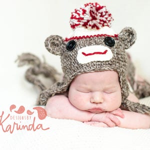 Sock Monkey Hat and Diaper Cover, Halloween Costume,Newborn Photo Prop, Monkey Hat, Brown Acrylic Yarn with Red Accent, Baby Accessories image 5