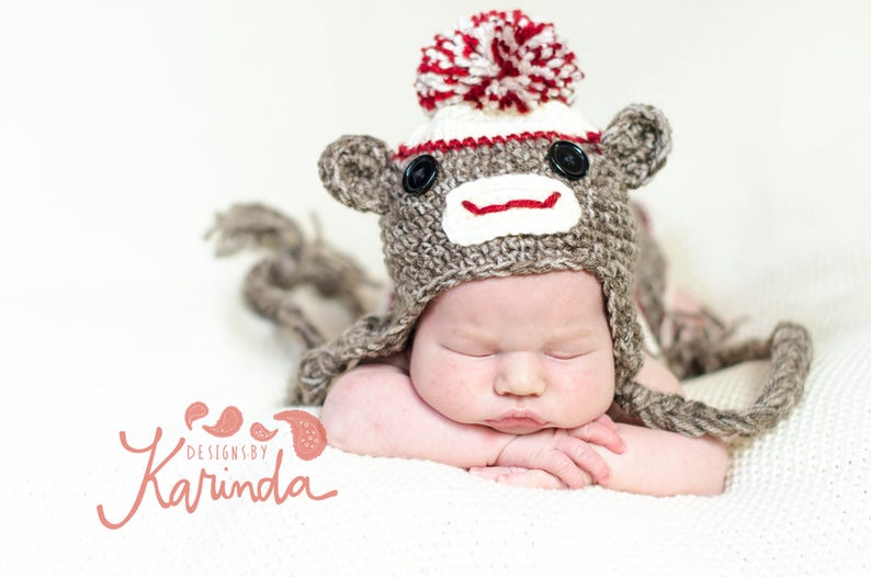 Sock Monkey Hat and Diaper Cover, Halloween Costume,Newborn Photo Prop, Monkey Hat, Brown Acrylic Yarn with Red Accent, Baby Accessories image 5