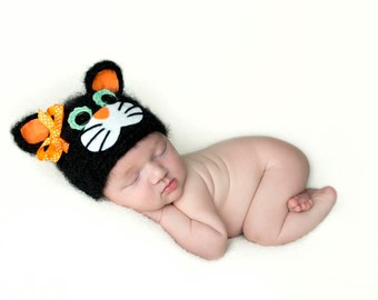 Black Cat Hat, Halloween Costume, Kitten, Baby Kitten, Newborn Photo Prop, Fall Hat, Holiday, Baby Girl, Baby Boy, Crochet Kitten Hat,