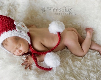 Christmas Pixie Hat, Holiday Hat, Christmas Poinsettia Hat, Newborn Photo Prop, Pom Pom, Baby Girl,