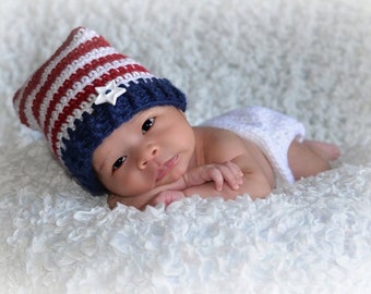 Patriotic Star Hat, Nautical, Red-White-Blue, Tassel Elf Hat, American Tassel Hat, Newborn to 6 Month, July 4th Baby Costume, American Hat