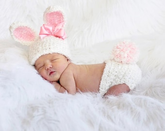 White Furry Bunny Hat and Diaper Cover, Photo Prop, Newborn, Baby Bunny Set, Easter Bunny Hat, Baby Costumes, Girl Bunny, Baby Rabbit