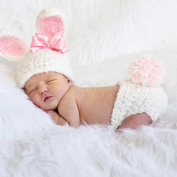 White Furry Bunny Hat and Diaper Cover, Photo Prop, Newborn, Baby Bunny Set, Easter Bunny Hat, Baby Costumes, Girl Bunny, Baby Rabbit