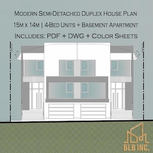 Modern Semi-Detached Duplex House Plan – 15m Wide | 4-Bed Units + Basement Apartment | DWG + PDF