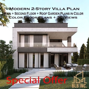 Könnte beinhalten: Ein moderner zweistöckiger Villa-Plan mit Haupt-, zweitem Stock und Dachgartenplänen in Farbe. Das Bild enthält auch farbige Grundrisse und 3D-Ansichten. Der Text "Special Offer" wird in Rot angezeigt.