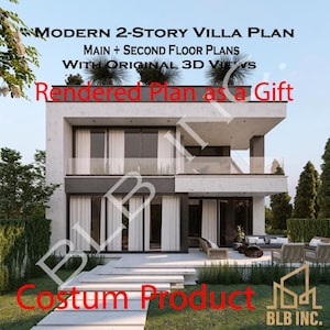 May include: A modern two-story villa plan with main and second-floor plans, and original 3D views. The image shows a rendered plan as a gift. The building has a white exterior with dark gray accents and large windows. The text "Costum Product" is visible.