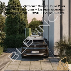 Puede incluir: Plano de casa dúplex moderna adosada con texto: 15M x 14M | 4 UNIDADES DE DORMITORIOS + APARTAMENTO SÓTANO. Incluye PDF + DWG + hojas de color. Un coche negro está aparcado en el camino de entrada.