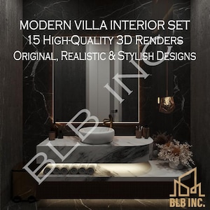 May include: A modern bathroom interior design with a marble countertop, a white vessel sink, and a large mirror with a gold frame. The text on the image reads "MODERN VILLA INTERIOR SET" and "15 HIGH-QUALITY 3D RENDERS".