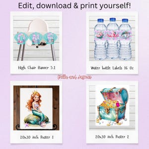 May include: A digital party decoration set featuring a high chair banner spelling ONE, water bottle labels with sea creature graphics, a mermaid poster, and a treasure chest poster. The text includes Edit, download & print yourself! and Bella and Jaymes.