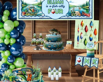 Fishing Birthday Party Printable Bundle | O-Fish-Ally One Theme | Boy Fishing Decor | Editable Invitation & Decorations