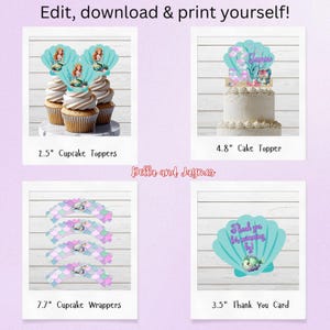 May include: A digital party decoration set featuring mermaid-themed 6.35 cm cupcake toppers, a 12.19 cm cake topper with the number 3 and name Jasmine, 19.56 cm cupcake wrappers with scale patterns, and an 8.89 cm thank you card with text.