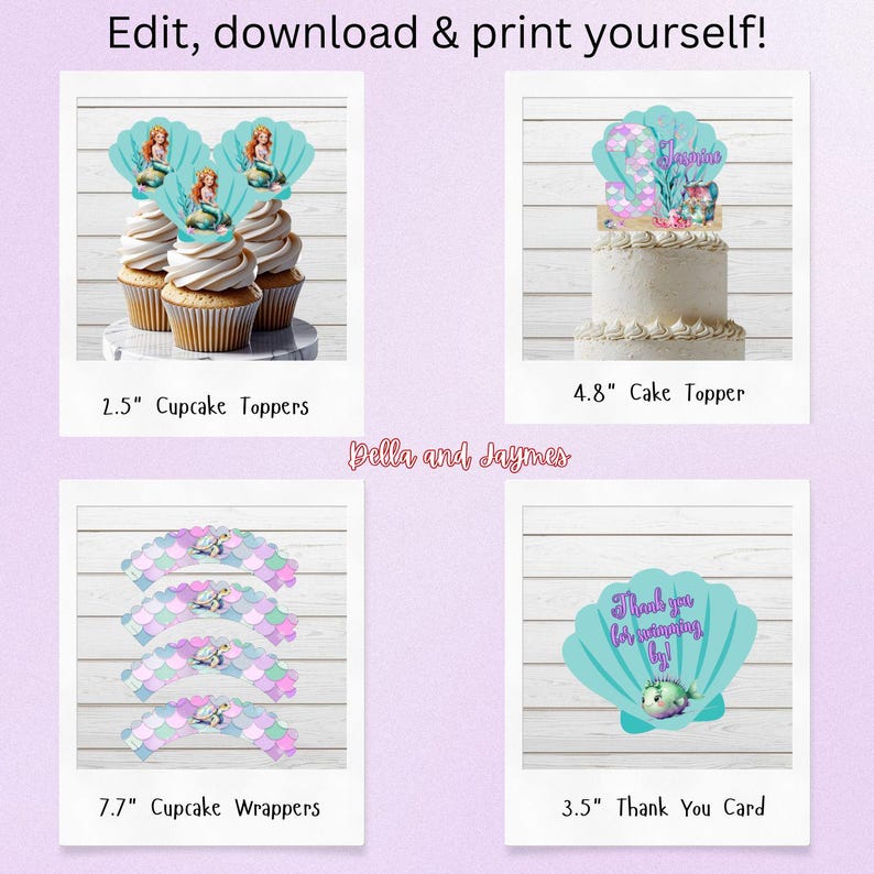 May include: A digital party decoration set featuring mermaid-themed 6.35 cm cupcake toppers, a 12.19 cm cake topper with the number 3 and name Jasmine, 19.56 cm cupcake wrappers with scale patterns, and an 8.89 cm thank you card with text.