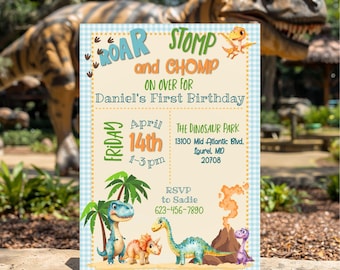 Dinosaur Birthday Invitation | Roar Stomp Chomp First Birthday | Dino (Digital Download)