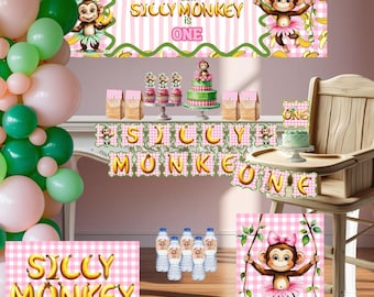 Silly Monkey Girl Birthday Party Decorations | Jungle 1st Birthday Banner, Cupcake Toppers, HighChair Décor | Instant Digital Download