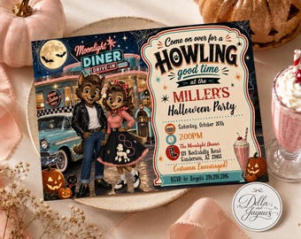 Werewolf Halloween Invitation + Mobile Dinner 50s Editable Digital Download