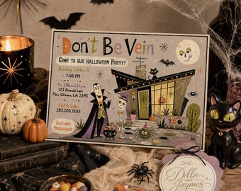 Dracula Halloween Invitation + Mobile Retro Spooky Vampire Party Editable Digital Download
