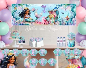 Mermaid Birthday Party Decorations Printable | Editable Mermaid Party Bundle | Under the Sea Birthday Decor | Mermaid Invite Banner Toppers