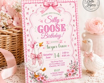 Silly Goose Birthday Invitation & Mobile Invite | Editable Instant Digital Download | Gingham Pink Party Printable