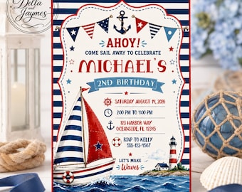 Sailboat Birthday Invitation & Mobile Invite | Editable Instant Digital Download | Sailor Nautical Party Printable | 5x7 + Template