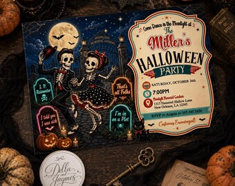 Skeleton Halloween Invitation + Mobile Graveyard Party Editable Digital Download