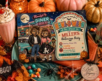 Werewolf Howl-o-ween Invitation + Mobile Dinner 50s Halloween Editable Digital Download