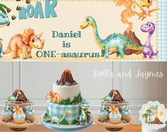 Dinosaur Birthday Banner Printable | One-asaurus Birthday Banner | Dino Birthday Backdrop | Editable Dinosaur Party Decor