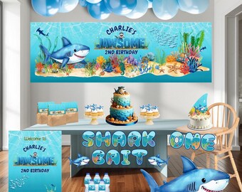 Shark Birthday Party Bundle | Jawsome Decorations | Invitation Editable Digital Download Baby Shark