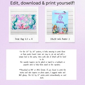 May include: A digital printable set featuring a 6.5 by 4 inch treat bag design with a pink octopus and mermaid scales, and a 20 by 30 inch birthday poster with a mermaid, sea creatures, and the text Welcome to Arlo's 6th Birthday.