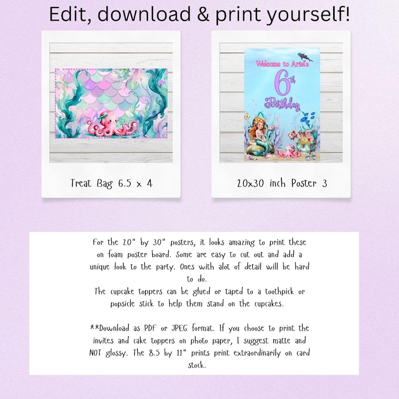 May include: A digital printable set featuring a 6.5 by 4 inch treat bag design with a pink octopus and mermaid scales, and a 20 by 30 inch birthday poster with a mermaid, sea creatures, and the text Welcome to Arlo's 6th Birthday.