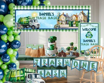 Trash Bash Birthday Party Bundle Editable | Garbage Truck Birthday Decorations | Trash Truck Party Invite | Recycling Theme