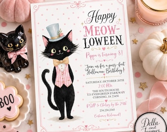 Cat Halloween Birthday Party Invitation + Mobile Editable Digital Download + Meow-loween
