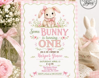 Some Bunny Birthday Invitation & Mobile Invite | Editable Instant Digital Download | Gingham Pink Rabbit Party Printable