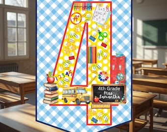 4th Grade Teacher Door Hanger Printable | Personalized Classroom Door Sign Digital Download Gingham