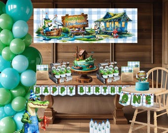 May include: A birthday party scene with a swamp theme. Decorations include balloons, a cake, and a banner that says "Happy Birthday". A cartoon alligator is featured. The scene is set on a wooden table.