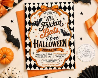 Frickin Bats Halloween Party Invitation + Mobile Editable Digital Download + I love Halloween