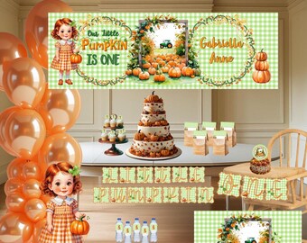 Könnte beinhalten: Eine festliche Party zum ersten Geburtstag mit Kürbis-Thema. Enthält eine mehrstöckige Torte, Luftballons, Banner und einen Hochstuhl. Das Banner lautet "One Little Pumpkin is One" und "Gabriella Anne". Das Farbschema ist orange und grün.