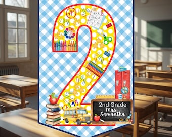2nd Grade Teacher Door Hanger Printable | Personalized Classroom Door Sign Digital Download Gingham