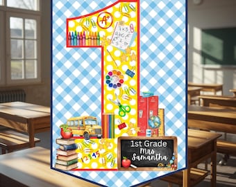 1st Grade Teacher Door Hanger Printable | Personalized Classroom Door Sign Digital Download Gingham