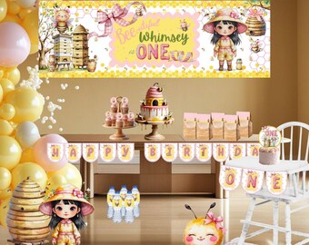 Bee Birthday Party | Editable Bumble bee | Instant Digital Download Decorations | Honey Invitation, Banner, Cupcake Topper, Highchair