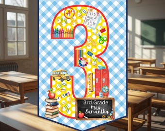 3rd Grade Teacher Door Hanger Printable | Personalized Classroom Door Sign Digital Download Gingham