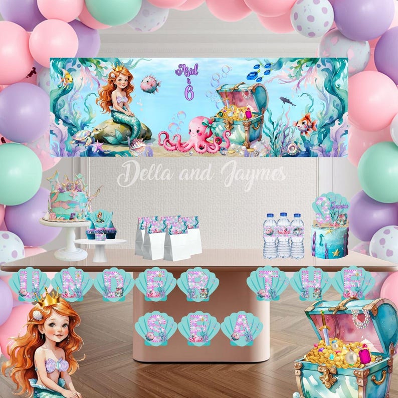 May include: A mermaid-themed party decoration set featuring a large backdrop with a mermaid, octopus, and treasure chest, a cake, water bottles, and shell-shaped letter cutouts spelling out a message, all decorated with aquatic illustrations.